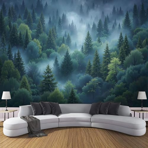 DLERFLOVR Dense Evergreen Forest Photo Wallpaper Misty Forest Canopy Wall Mural Silk Wall Décor Art Large Poster Picture Design Modern for Living Room Bedroom Dorm Décor 350x256cm - Dark Green