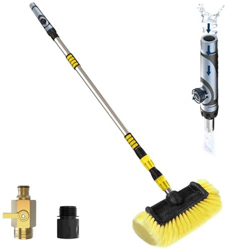 LAANPOLE Brosse Lavage Voiture 3,6m, Brosse Nettoyage Voiture avec Poils Doux 30cm Et Distributeur De Savon, Balai Nettoyage Voiture avec Perche Télescopique pour Camping-Car, Camion, Bateau, Jaune