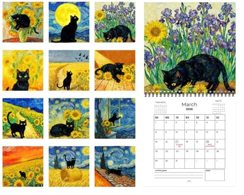 Kalender 2026 Schwarze Katzen, Ölgemälde Kalender, Lustiger Kunst Van Gogh Berühmte Gemälden Wandkalender, Geschenk Für Büro