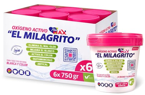 Oxígeno Activo en polvo, Quitamanchas y Blanqueador para Ropa Blanca y de color, Antical alarga la vida de la lavadora, Elimina el mal olor de la ropa, Contiene 6 unidades de 750 gr