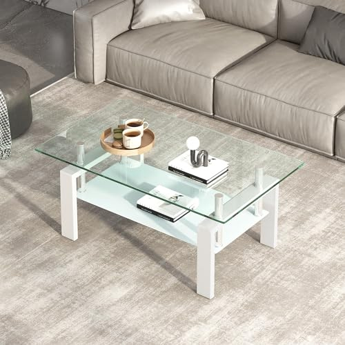 FENGHUA GLASS HOME Couchtisch aus Gehärtetem Glas mit Metallbeinen, Moderner Kleiner Couchtisch für Wohnzimmer, 100 x 60 x 45 cm, Weiß
