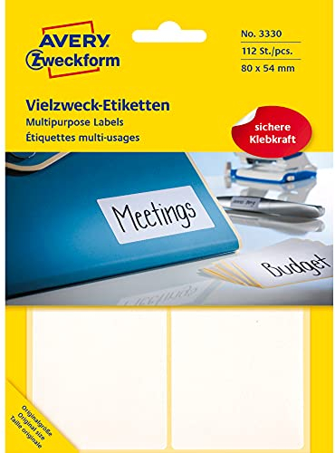 Avery Zweckform 3330 Haushaltsetiketten selbstklebend 112 Stück (80x54mm, 28 Bogen mit je 4 Aufklebern, Vielzweck-Etiketten für Haushalt, Schule und Büro zum Beschriften und Kennzeichnen) blanko, weiß