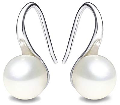 925 Sterling Silver Hoop Handpicked AAA+ Quality 7.5-8mm White Freshwater Cultured Pearl Dangle Drop Earrings Jewelry for Women