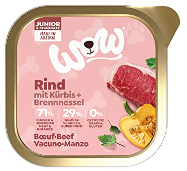 WOW Hundefutter nass Junior mit Rind, 11x150g | reichhaltiges Nassfutter für Welpen Aller Rassen I Beste Qualität mit viel frischem Fleisch, Kürbis I hohe Akzeptanz & getreidefrei
