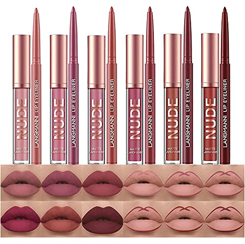 BestLand 12Pcs Matte Liquid Lipstick + Lip Liner Pens Set, Velvety Nude Lip Stain Waterproof Long Wear Makeup Gift Set