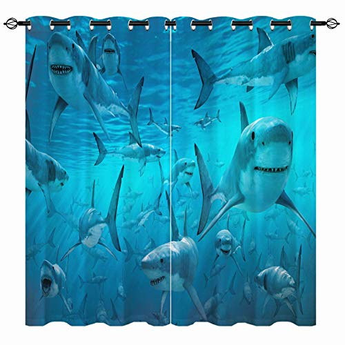 Yuanzu Hai-Vorhänge – Ozeanweißer Hai in tiefem Meer, Unterwasserwelt, Tierdruck, Muster, Ösen, Verdunkelung, thermische, Fenstervorhänge für Schlafzimmer, Wohnzimmer, 2 Bahnen (B x T): 117 x 137 cm