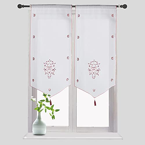 SMITHOOM 1 Panneau Rideau Transparent Voilages à Motif Floral Brodé pour Cuisine Salle de Bains Petite Fenêtre Porte Rouge Vin 60x160cm