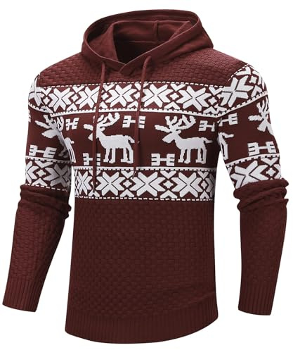 Zaitun Men's Christmas Elk & Geo Pattern Drawstring Hooded Sweater