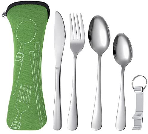 Bestecksets, Campingbesteck aus Edelstahl mit Etui,Tragbare 5 Stück Geschirr mit Messer, Gabel, 2 Löffel, Flaschenöffner für Reise Picknick Arbeiten Wandern (Grün)