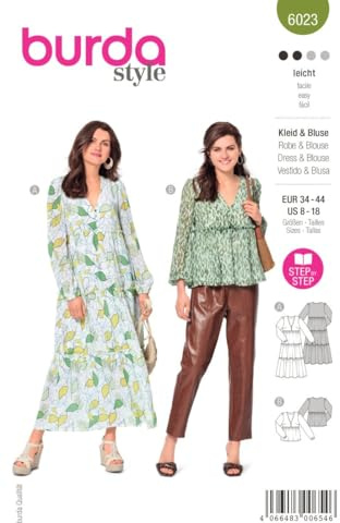 Burda Style Katalog-Schnittmuster Romantisches Kleid und semitransparente Bluse | Damen, Gr. 34-44 | Nählevel: Leicht #6023