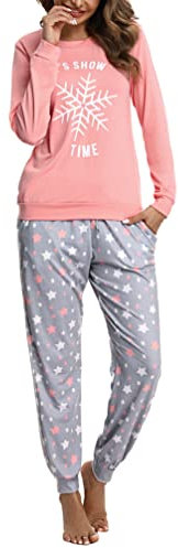 Bresdk Pyjamas Femmes Coton Noël Ensembles de Pyjama Hiver À Manches Longues Vêtements de Nuit Col Rond Impression de Flocon de Neige Chaud Doux, C-Rose+Gris, XL