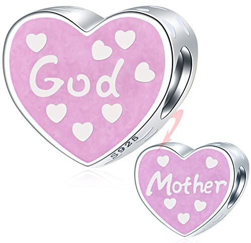 Coeur de marraine en émail rose Charms, Convient pour Pandora fête des mères bracelet, Perles de filleul d'amour maternel de dieu mère en argent sterling 925, cadeau de thanksgiving