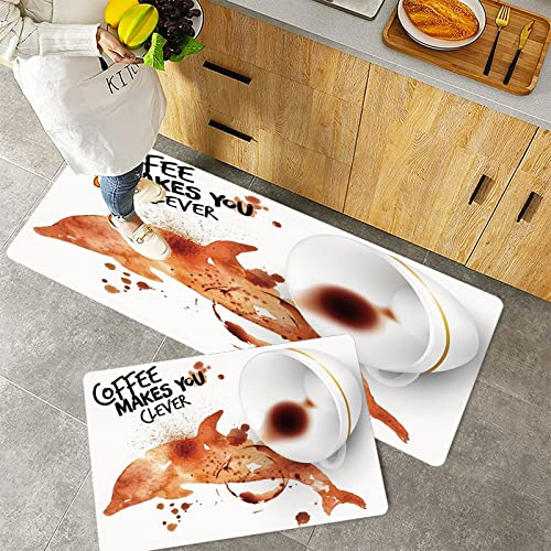 Küchenteppich Teppich Läufer Küchenläufer 2 Stück rutschfest,Kaffeekunst, Get Smart Be Clever Drink Kaffee Inspiration Espresso Cappuccino, Verbrannte , Waschbar für Flur Küche 40 x 100 cm+40 x 60 cm