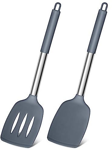 Joyfair Silicone Spatula, Stainless Steel Spatula Pack of 2, Cooking Turner/Non Stick Kitchen Slotted Utensil Set Ideal for Fish, Eggs, Pancakes, Heat Resistant & Dishwasher Safe, Grey