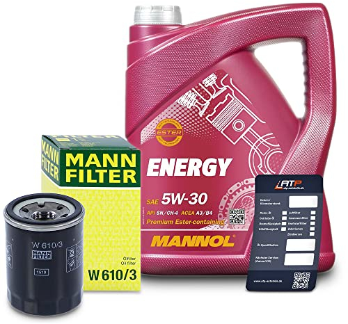 BESTPRICE Inspektionspaket Ölwechsel Filterset 1x MANN-FILTER Ölfilter, 1x MANNOL Motoröl 5W-30 ENERGY 5L 1x MANNOL Ölwechselanhänger