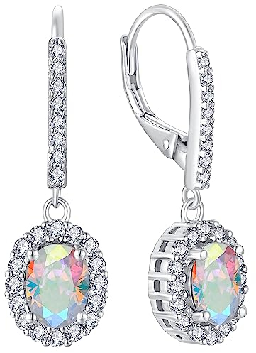 YL Damen Ohrhänger 925 Sterling Silber Regenbogen Zirkonia Weiß Oval Ohrringe