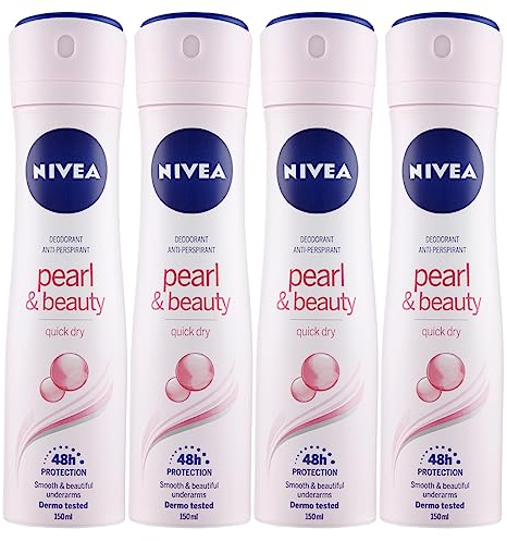 NIVEA Pearl & Beauty Deo-Spray Antitranspirant, 48 Stunden gegen schlechte Gerüche und Schweiß, sanfter Duft, langanhaltende Frische, Formel Quick Dry mit schneller Absorption, 4 Flaschen à 150 ml