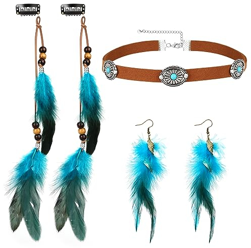 MWOOT Feder Haarschmuck Clip, Indianer Feder Haarverlängerungen Damen, Braun Drop Leder Choker Halskette, Federohrringe Blau, Boho Stammes-Schmuck für Frauen Karneval Cosplay Tribal Kostüm Party