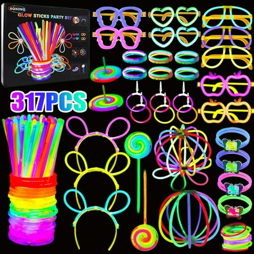 AQXONG 317 piezas Pulseras Luminosas Fluorescentes, Set de Fiesta de Palos Luminosos de Neón con Conectores, Juego de Barras Luminosas para Fiestas Adecuado para Bodas, Carnavales y Cumpleaños