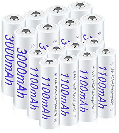 16Pcs Rechargeable Batteries AA AAA - 1.2V NIMH 3000mah AA Rechargeable 8 Pack and 1100mah AAA Batteries 8 Pack, High Capacity, Low Self-discharge (include battery case)
