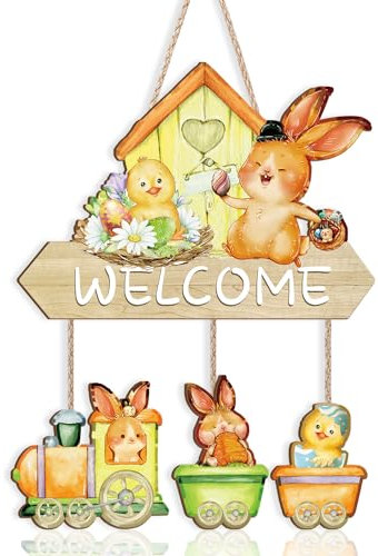 ANHUIB Ostern Hängeschild,Ostern Holzbrett Dekoration,Wandschild Plakette für Ostern,Ostern Haustür Dekoration,Welcome Wandschild,Willkommensschild,Oster Hase Hängeschild Dekorationen,Türdeko Ostern