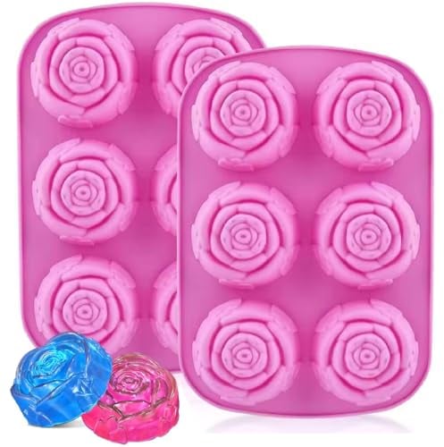 VIKKI 2PCS Silicone Rose Soap Moulds, 6-Cavity Handmade Jumbo 3D Rose Flower Ice Cube Molds, Food Grade Silicone Cake Mold for Soap Molds, Mousse, Muffin, Cake, Chocolate, Jelly, Resin, Candle Molds
