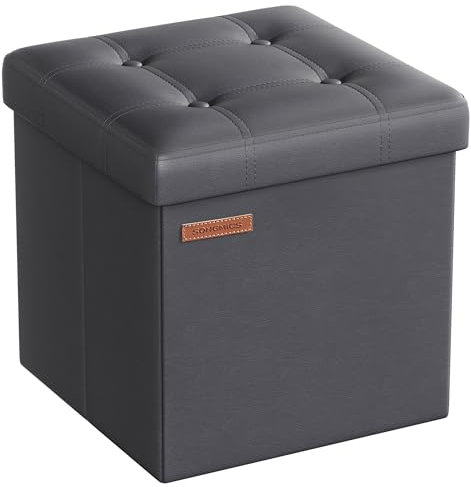 SONGMICS 38 cm Storage Ottoman, Folding Storage Bench with Lid, Cube Footstool, Synthetic Leather, 300 kg Load Capacity, for Entryway, Living Room, Bedroom, Slate Grey LSF030G51