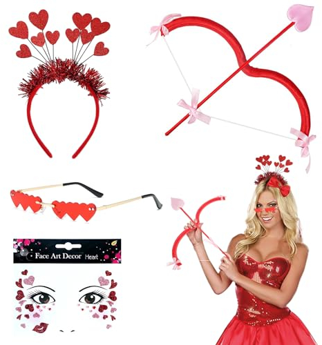 Hpbaggy 4er Set Amor Kostüm Damen,mit Glitzer Haarreif Herzbrille Amor Pfeil Und Bogen,Herz Gesichttattoos Für Valentinstag Karneval Halloween Party