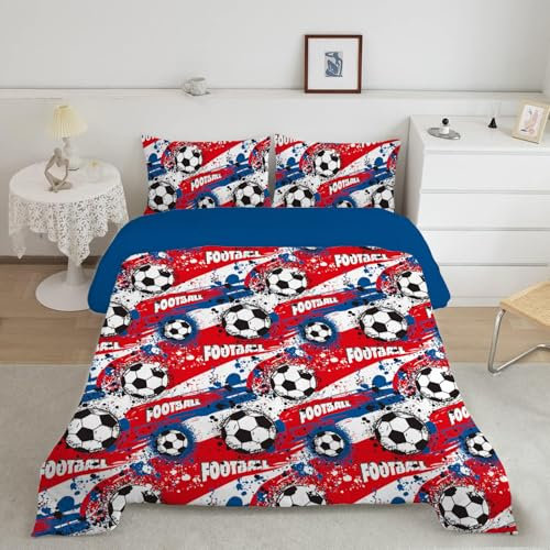 INTOMENG FußBall BettwäSche 200X200 Fussball BettwäSche Jugendliche Jungen Teenager Kinder Mit 2 Kissenbezugs 80 X 80cm 100% Weich Mikrofaser Herbst und Winter Bettwäsche 3D FußBall Rot Blau Weiß