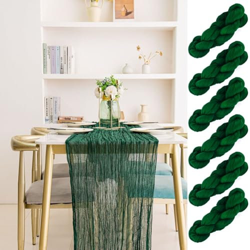 SXUUXB 6 Stück Dunkelgrün Tischläufer Boho Deko, 90 x 300cm Musselin Seihtuch, Cheesecloth Table Runner, Outdoor Käsetuch Waschbar für Verlobung, Hochzeit, Taufe, Gartenparty