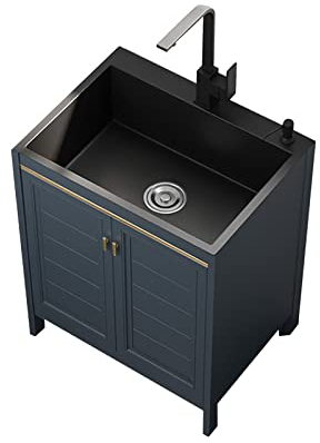 Küchenspüle für den Innenbereich mit Schrank, gewerbliche Garagenspüle aus Edelstahl, Industriespüle mit Wasserhahn, freistehende Waschspüle, Waschstation für Haustiere, 1 Fach. (Farbe: Blau + Quadr