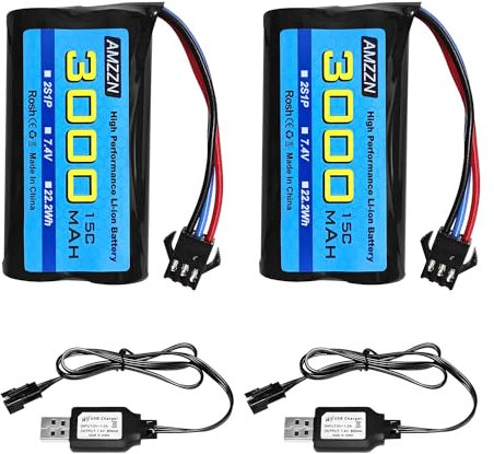 AMZZN 2PCS 7.4V 3000mah 15C 2S SM-3P Plug Li ion batterie avec chargeur USB pour DE43 DE60 9500E RC véhicules et camions Huina 1575 RC véhicule d'ingénierie RC jouet voiture de sauvegarde batterie