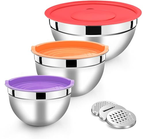 Herogo Mixing Bowl with Airtight Lids, Stainless Steel Salad Bowl Set of 3, Kitchen Metal Nesting Set with 3 Grater Attachments for Baking/Cooking, Space-Saving & Easy Storage, Dishwasher Safe