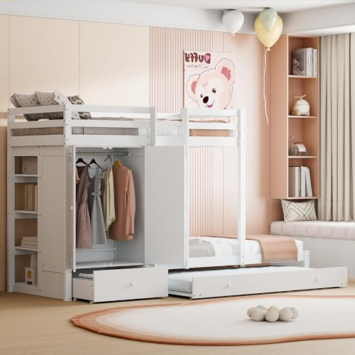 Merax Etagenbett 90 x 200 cm, Multifunktionales Kinderbett mit 90x190 cm Ausziehbett und Kleiderschrank, Weiß (Ohne Matratze)