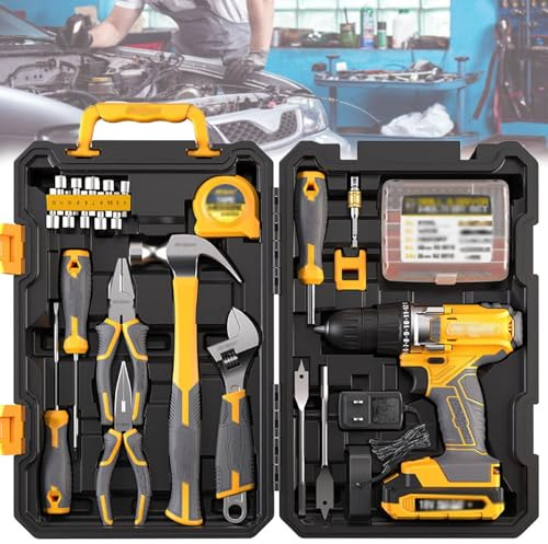 81pcs Cordless Drill Driver, Home/Auto Repair Tool Set with Hammer and Plastic Tool Box,18v Lithium Electric Drill, Drill Set Combo Kit in Tool Storage Case, for Home Office Car Factory Repair