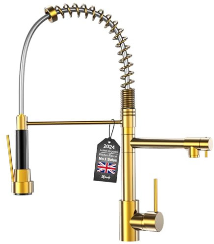 Kitchen Faucet with Pull Down Sprayer, Commercial Double-Headed Stainless Steel Kitchen Faucets, Faucet with Two Nozzles Single Handle Spring Sink Faucet Brushed Nickel (Gold Q1)
