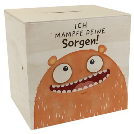 Kummerschlucker Spardose aus Holz mit Spruch Ich mampfe Deine Sorgen Sorgenfrei mit dem Sorgenfresser-Freund Wunscherfüller für Deine Sorgen Lustiger Mund und Zähne