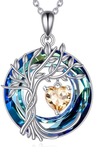 Lebensbaum Birthstone kette für Damen 925 Sterling Silber Baum des Lebens Schmuck Golden Yellow Shade Anhänger November Birthstone Edelstein mit Kristall Weihnachtsgeschenke für Mutter Ehefrau