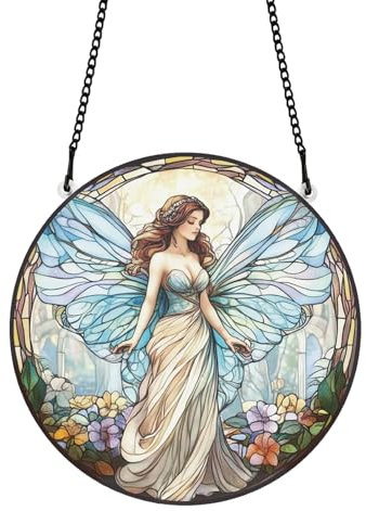 PLIGREAT bemalte Blumen Fee gebeizt Sonnenfänger Fenster Wandkunst hängendes Ornament Bunte Blumenn Acryl Lichtfänger Kunsthandwerk für für Garten Outdoor Hanging Dekor
