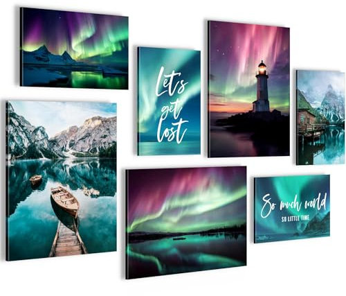 Novart Wandbilder Nordlicht Aurora Nachthimmel - KOMPLETT AUFHÄNGFERTIG - Blau Grün Wohnzimmer Schlafzimmer Flur - 7 Moderne Mood-Bilder - N028871a