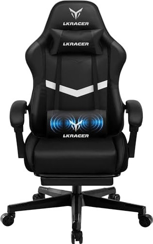GTPLAYER Gaming Chair, Massage Ergonomic Computer Chair with Lumbar Support Height Adjustable Gaming Chair with 360°-Swivel Seat and Headrest for Office (With Footrest, BLack)