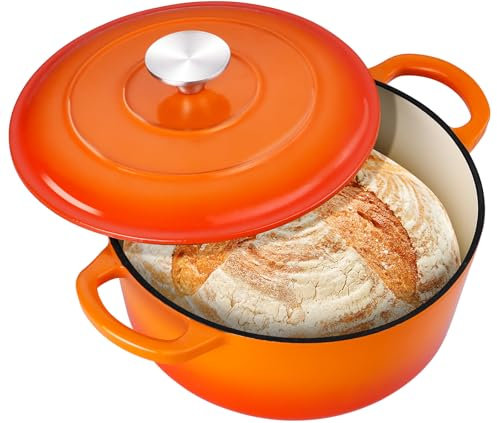 3QT Dutch Oven Topf mit Deckel, Leonyo 3 Quart Emaillierter Gusseisen Dutch Oven für Sauerteigbrot Backen, Robustes Kochgeschirr zum Schmoren, Eintöpfe, Braten, Orange