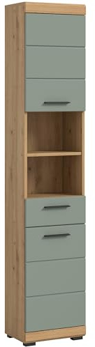 furnling Hochschrank Scott, Matte Salbei Front, 1 Schublade, 2 offene Fächer, 2 Türen, Badezimmerschrank mit 3 verstellbaren Einlegeböden, Höhe 191 cm, Korpus Artisan Eiche