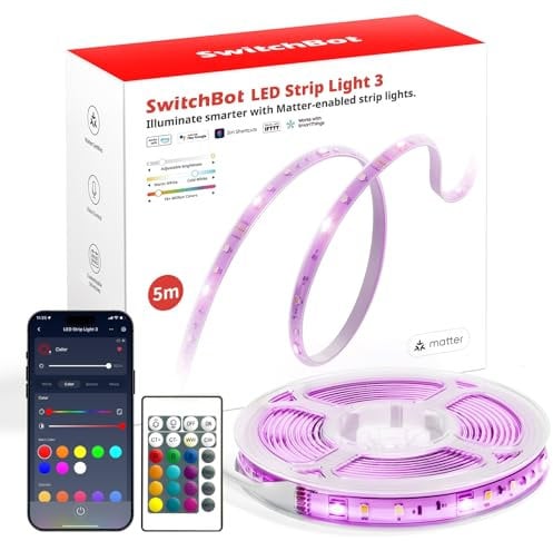 SwitchBot Matter LED Strip Light 5M, 72LEDs/m RGBCCT Strip Lights with APP Control Remote, Works with Apple Home, Alexa, Google Home, SmartThings, Music Sync Color Changing LED Lights for Bedroom, TV