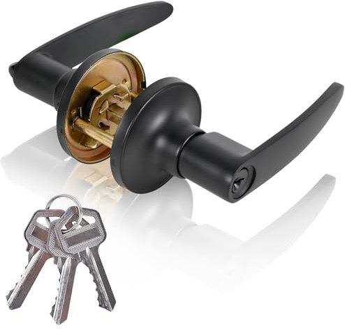 YELANGU 1 Pack Satin Nickel Door Handle Lock, Entrance Door Handles with Lock and Key, Safety Locks Cover Outer Door Handle(Black)