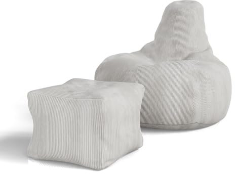 Juskys Sitzsack Chillex L mit Hocker - Cord Sessel für Erwachsene - Füllung Memoryschaumstoff - Gaming & Lesesessel bequem - Bean Bag - Beige