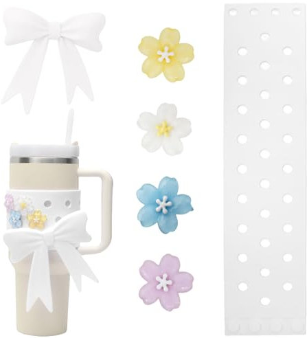 6 PCS Cup Decoration Set for Stanley 40/30oz, Cute Bow Design Silicone Sleeve Includes DIY Sakura Charms, Protective Sleeve Cover for Stanley Cup Accessories, White