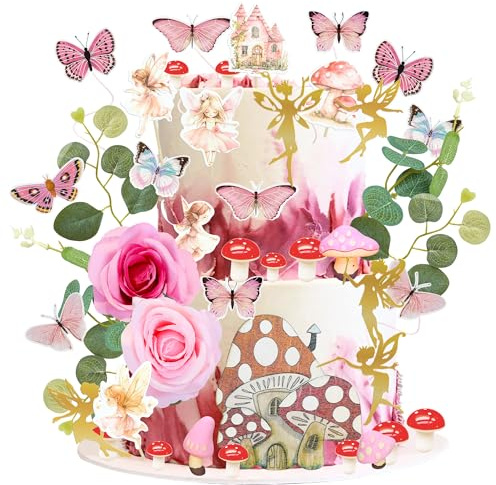 Gyufise 60 Pack Fairy Cake Toppers Butterfly Cake Picks Mushroom Door Flowers Cake Decoration Fairy Garden Topper for Girl Party Birthday Baby Shower Supplies Pink