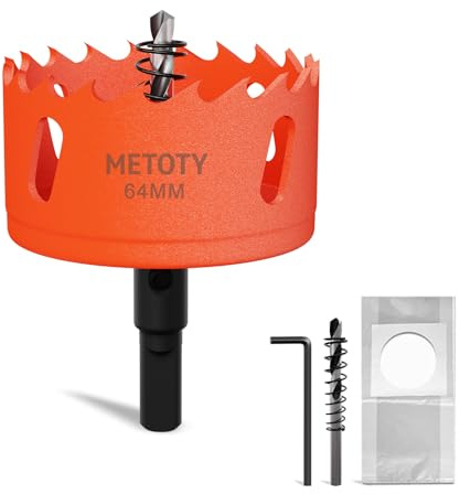 METOTY 64mm Bi-Metal Hole Saw,Universal HSS M42 Hole Saws,with Triangular Shaft Adapter and Centring Drill, One Free Dust Bag for Aluminum, Metals, Plastics, Acrylic Glass, Wood, Gypsum board