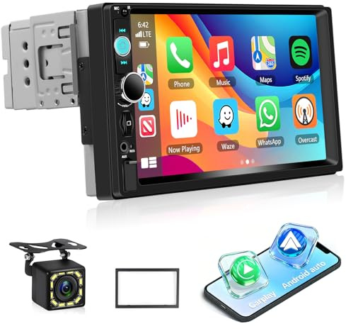 Motorsi CarPlay Radio 1 DIN con Pantalla, 7 Pulgadas Pantalla táctil Bluetooth 1 DIN Autoradio con Android Auto, Mirror Link, FM Radio,USB/TF/AUX Estéreo para Coche + Cámara Trasera